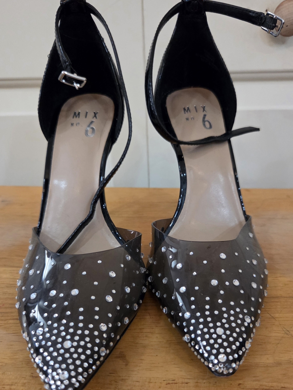 Mix No. 6 Black Pointed Ankle-Strap Heels with Crystal Studs
